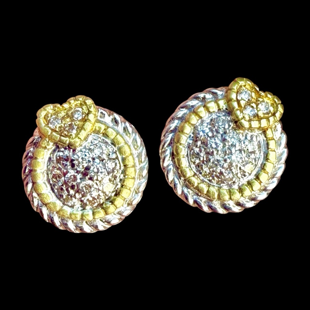 Judith Ripka Sterling Silver 18K Gold Diamond Heart Round Stud Pierced Earrings